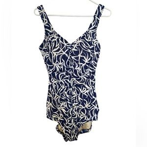 Maxine of Hollywood Blue and White Shirred Front Girl Leg One Piece size…